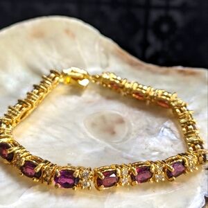 Natural Rhodolite Garnet 10-11 TCW in Gold Filled Tennis Bracelet